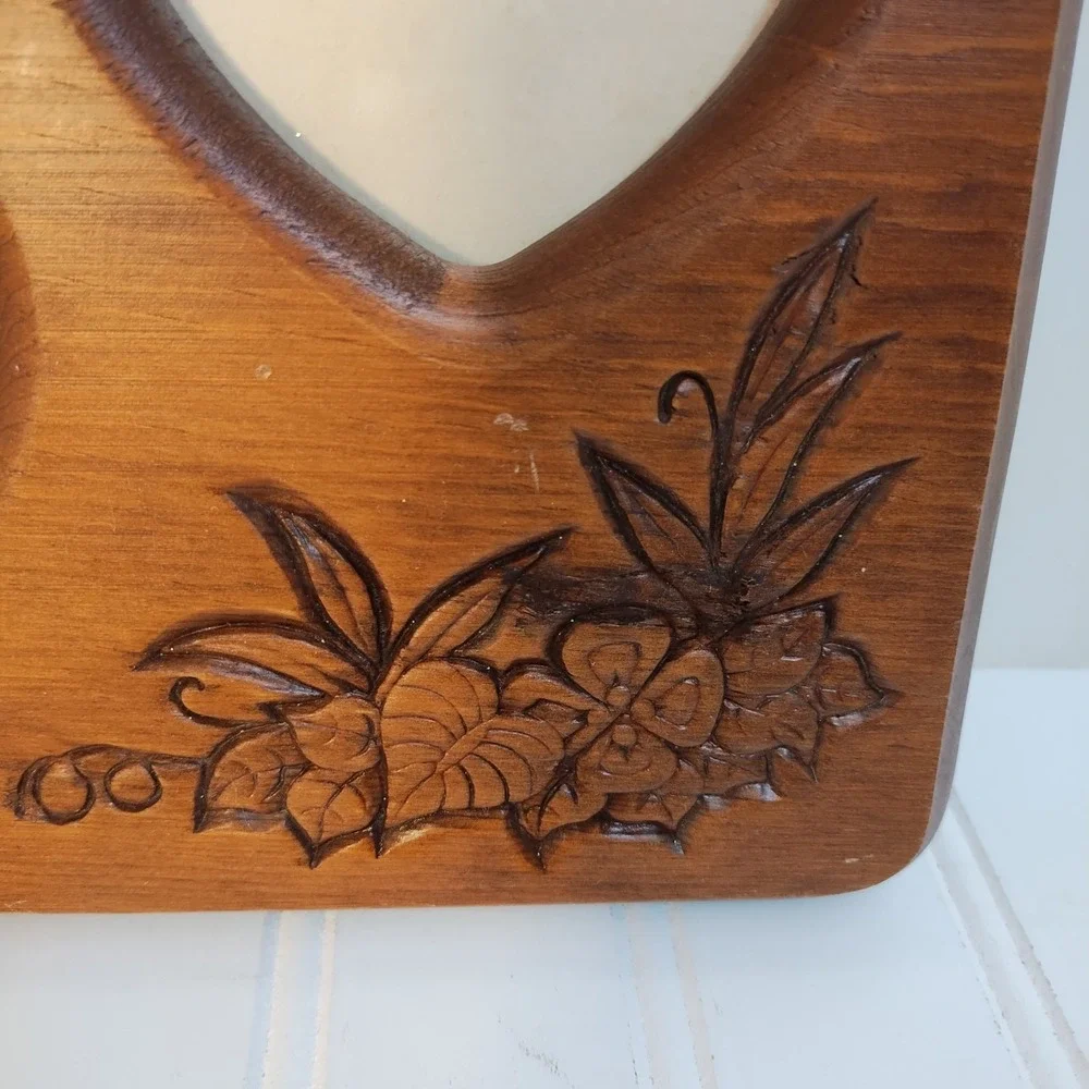 Vintage Picture Frame Wood  Double Heart Carved Engraved Flower Wall Hanging